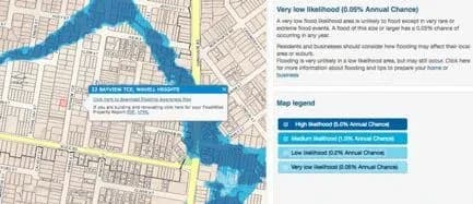 Flood map with shaded areas and a legend showing annual flood probabilities.