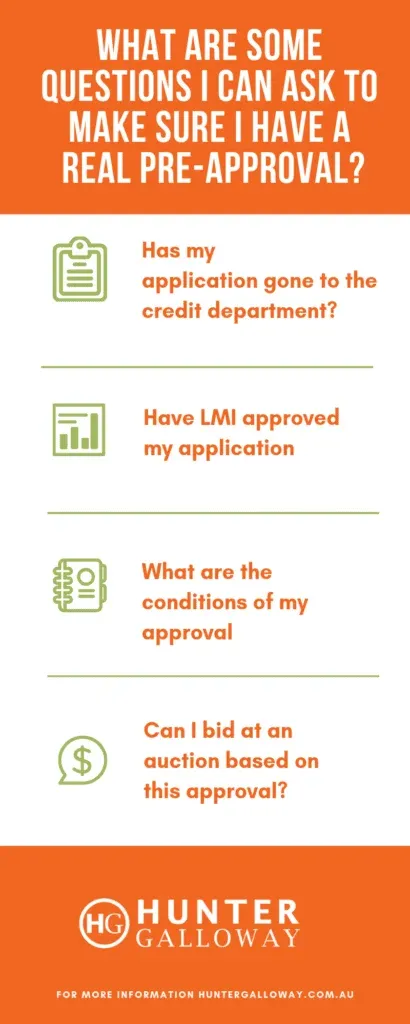Checklist asking whether the credit department and mortgage insurer have assessed an application, what conditions remain and whether the approval can support an auction bid.