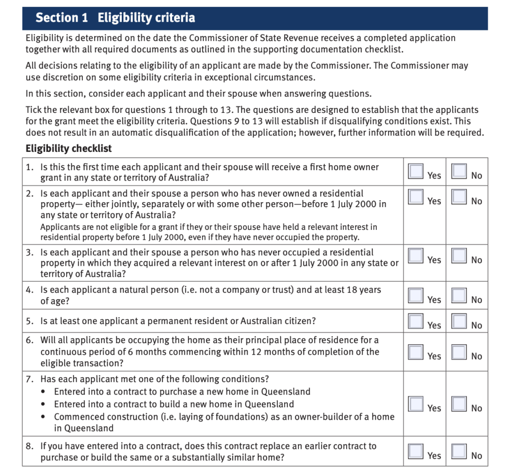 eligibility criteria section of the first home owners grant application form